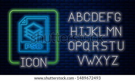 Glowing neon PSD file document. Download psd button icon isolated on brick wall background. PSD file symbol. Neon light alphabet. Vector Illustration