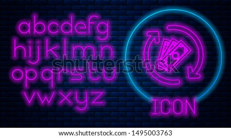 Glowing neon Refund money icon isolated on brick wall background. Financial services, cash back concept, money refund, return on investment, savings account. Neon light alphabet. Vector Illustration