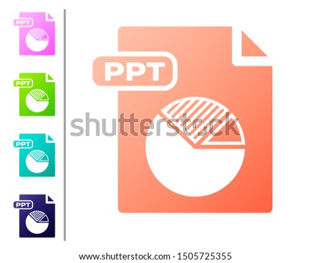 Coral PPT file document. Download ppt button icon isolated on white background. PPT file presentation. Set color icons. Vector Illustration