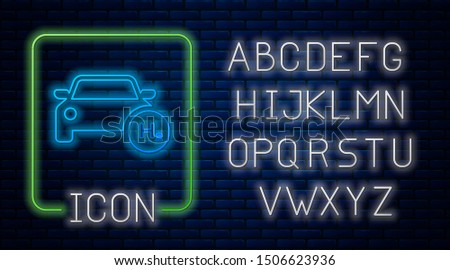 Glowing neon Hydrogen car icon isolated on brick wall background. H2 station sign. Hydrogen fuel cell car eco environment friendly zero emission. Neon light alphabet. Vector Illustration