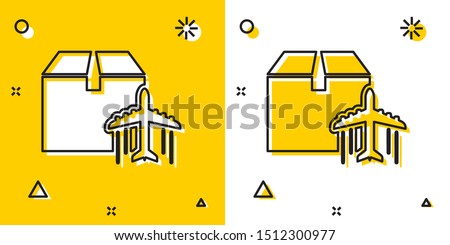 Black Plane and cardboard box icon isolated on yellow and white background. Delivery, transportation. Cargo delivery by air. Airplane with parcels, boxes. Random dynamic shapes. Vector Illustration
