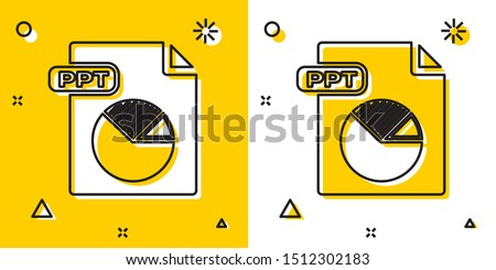 Black PPT file document. Download ppt button icon isolated on yellow and white background. PPT file presentation. Random dynamic shapes. Vector Illustration