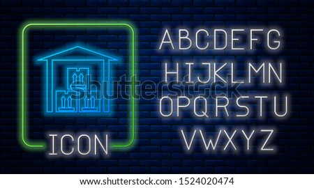 Glowing neon Warehouse icon isolated on brick wall background. Neon light alphabet. Vector Illustration