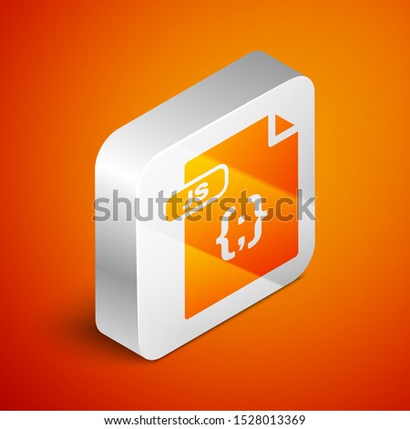 Isometric JS file document. Download js button icon isolated on orange background. JS file symbol. Silver square button. Vector Illustration