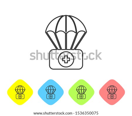 Grey line Parachute with first aid kit icon isolated on white background. Medical insurance. Set icons in color rhombus buttons. Vector Illustration