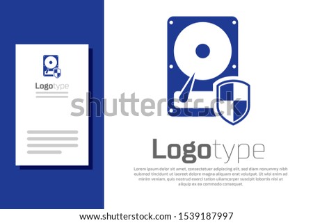 Blue Hard disk drive HDD protection icon isolated on white background. Logo design template element. Vector Illustration