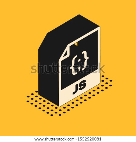 Isometric JS file document. Download js button icon isolated on yellow background. JS file symbol.  Vector Illustration