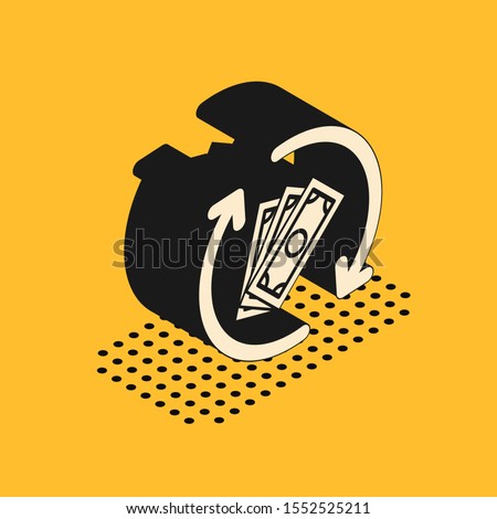 Isometric Refund money icon isolated on yellow background. Financial services, cash back concept, money refund, return on investment, savings account.  Vector Illustration