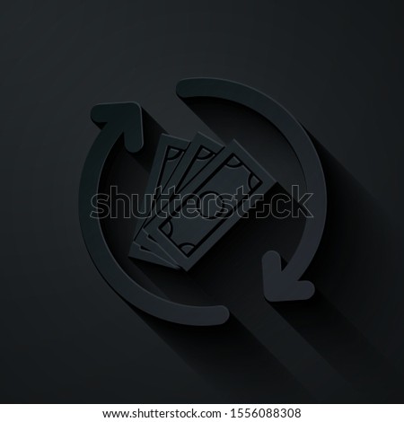 Paper cut Refund money icon isolated on black background. Financial services, cash back concept, money refund, return on investment, savings account. Paper art style. Vector Illustration