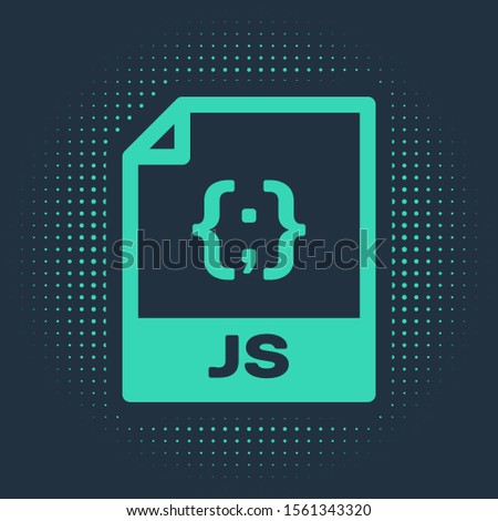 Green JS file document. Download js button icon isolated on blue background. JS file symbol. Abstract circle random dots. Vector Illustration