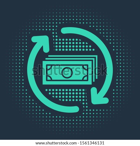 Green Refund money icon isolated on blue background. Financial services, cash back concept, money refund, return on investment, savings account. Abstract circle random dots. Vector Illustration