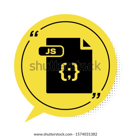 Black JS file document. Download js button icon isolated on white background. JS file symbol. Yellow speech bubble symbol. Vector Illustration