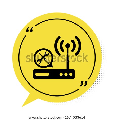 Black Router wi-fi with screwdriver and wrench icon isolated on white background. Adjusting, service, setting, maintenance, repair, fixing. Yellow speech bubble symbol. Vector Illustration