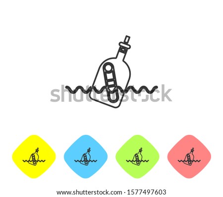Grey line Glass bottle with a message in water icon isolated on white background. Letter in the bottle. Pirates symbol. Set icons in color rhombus buttons. Vector Illustration