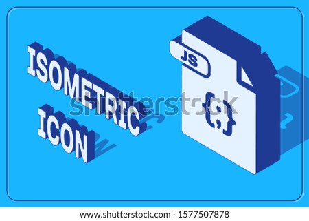 Isometric JS file document. Download js button icon isolated on blue background. JS file symbol.  Vector Illustration