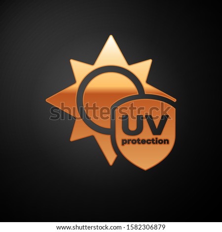 Gold UV protection icon isolated on black background. Sun and shield. Ultra violet rays radiation. SPF sun sign.  Vector Illustration