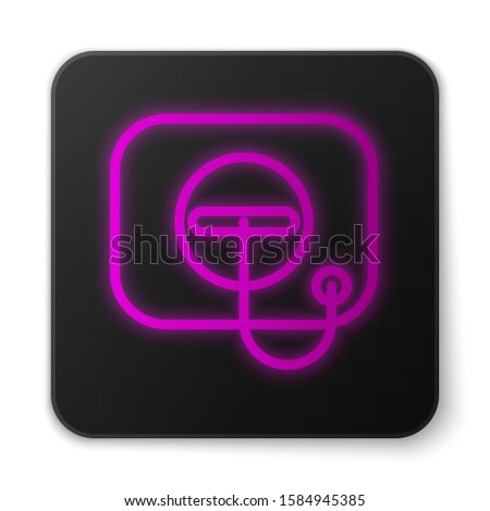 Glowing neon line Oil filler cap opening at the gas station icon isolated on white background. Black square button. Vector Illustration