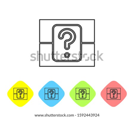 Grey line Mystery box or random loot box for games icon isolated on white background. Question box. Set icons in color rhombus buttons. Vector Illustration