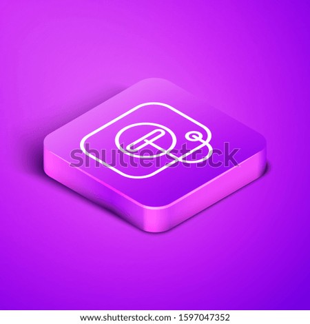 Isometric line Oil filler cap opening at the gas station icon isolated on purple background. Purple square button. Vector Illustration