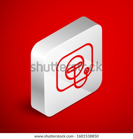 Isometric line Oil filler cap opening at the gas station icon isolated on red background. Silver square button. Vector Illustration