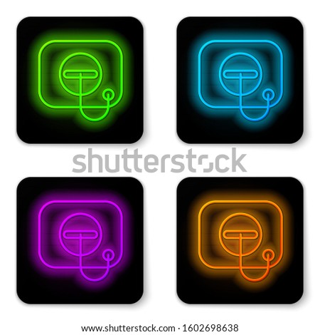 Glowing neon line Oil filler cap opening at the gas station icon isolated on white background. Black square button. Vector Illustration
