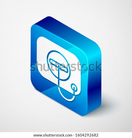 Isometric Oil filler cap opening at the gas station icon isolated on white background. Blue square button. Vector Illustration