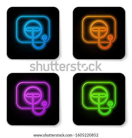 Glowing neon Oil filler cap opening at the gas station icon isolated on white background. Black square button. Vector Illustration