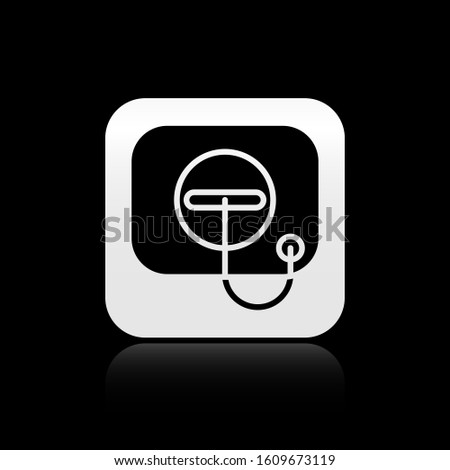 Black Oil filler cap opening at the gas station icon isolated on black background. Silver square button. Vector Illustration