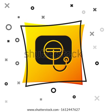Black Oil filler cap opening at the gas station icon isolated on white background. Yellow square button. Vector Illustration