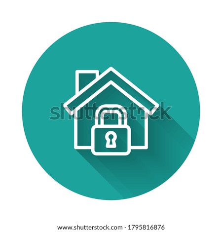 White line House under protection icon isolated with long shadow. Home and lock. Protection, safety, security, protect, defense concept. Green circle button. Vector