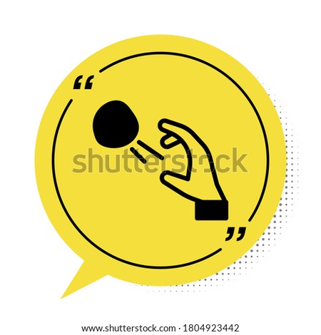 Black Hooligan shooting small stones icon isolated on white background. Demonstrator. Yellow speech bubble symbol. Vector.