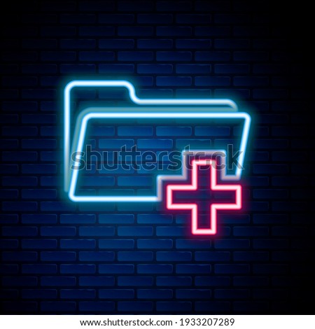 Glowing neon line Add new folder icon isolated on brick wall background. New folder file sign. Copy document. Add attach create folder make new plus. Colorful outline concept. Vector