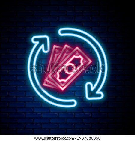 Glowing neon line Refund money icon isolated on brick wall background. Financial services, cash back concept, money refund, return on investment, savings account. Colorful outline concept. Vector