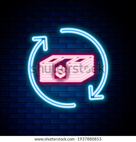 Glowing neon line Refund money icon isolated on brick wall background. Financial services, cash back concept, money refund, return on investment, savings account. Colorful outline concept. Vector