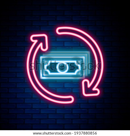 Glowing neon line Refund money icon isolated on brick wall background. Financial services, cash back concept, money refund, return on investment, savings account. Colorful outline concept. Vector