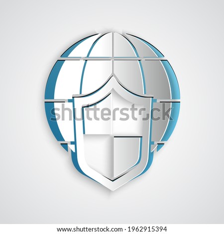 Paper cut Shield with world globe icon isolated on grey background. Insurance concept. Security, safety, protection, privacy concept. Paper art style. Vector