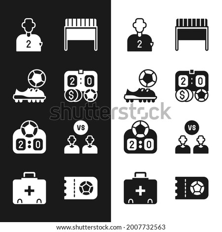 Set Football betting money, shoes, or soccer player, goal, Sport mechanical scoreboard, ticket and First aid kit icon. Vector