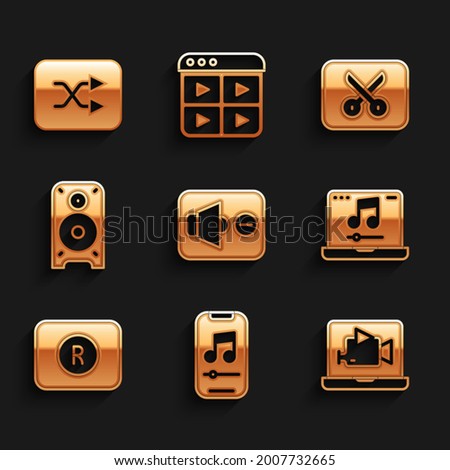 Set Speaker mute, Music player, Online video, Laptop with music, Record button, Stereo speaker, editing and Arrow shuffle icon. Vector