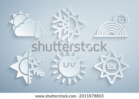 Set UV protection, Rainbow with sun, Sun and snowflake,  and Thermometer cloud, icon. Vector