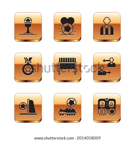 Set Award cup and football ball, Football goal with, shoes, or soccer medal, referee, betting money and Soccer icon. Vector