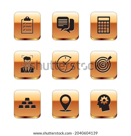 Set Clipboard with checklist, Gold bars, Map pin, Clock arrow, Face recognition and Calculator icon. Vector