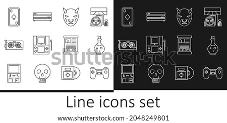 Set line Gamepad, Bottle with magic elixir, Mask of the devil horns, Portable video game console, Video graphic card, Playing diamonds, guide and  icon. Vector