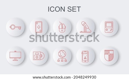 Set line Shield for game, Computer monitor, mouse gaming, Mobile and playing, Ancient key, Playing card with diamonds, CD DVD disk box and network icon. Vector