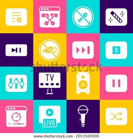 Set Arrow shuffle, Pause button, Stop media, Mute microphone, Prohibition no video recording, Add playlist and Fast forward icon. Vector