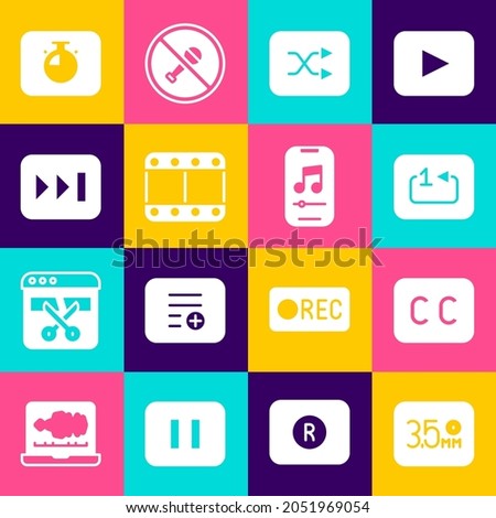 Set Audio jack, Subtitles, Repeat track music player, Arrow shuffle, Play video, Fast forward, Stopwatch and Music icon. Vector