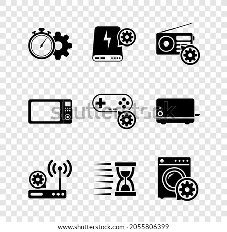 Set Time management setting, Power bank, Radio, Router and wi-fi, Old hourglass with sand and Washer icon. Vector
