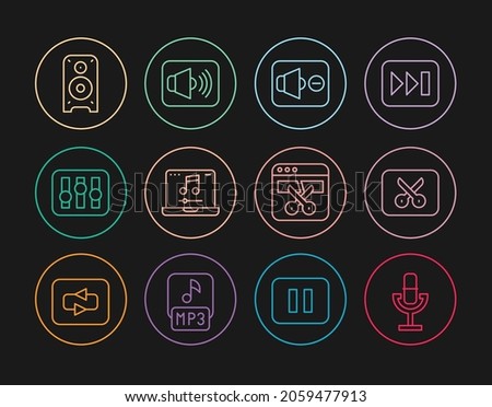 Set line Microphone, Music or video editing, Speaker mute, Laptop with music, Sound mixer controller, Stereo speaker, Video recorder editor and volume icon. Vector Сток-фото © 