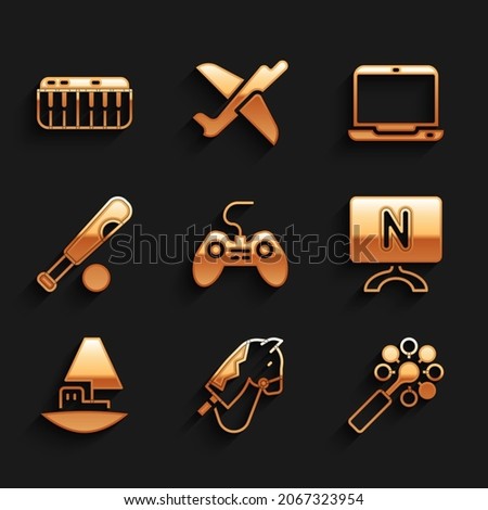 Set Gamepad, Toy horse, Rattle baby toy, Smart Tv, boat, Baseball bat with ball, Laptop and Music synthesizer icon. Vector