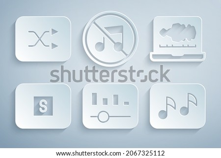 Set Music equalizer, Sound or audio recorder, Stop media button, note, tone, Speaker mute and Arrow shuffle icon. Vector