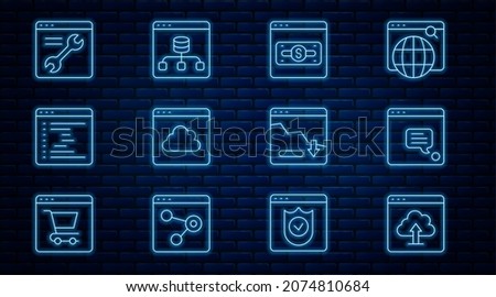 Set line Cloud upload, New chat messages notification, Online shopping screen, technology data transfer, Browser window, setting, Financial growth decrease and Server, Data icon. Vector